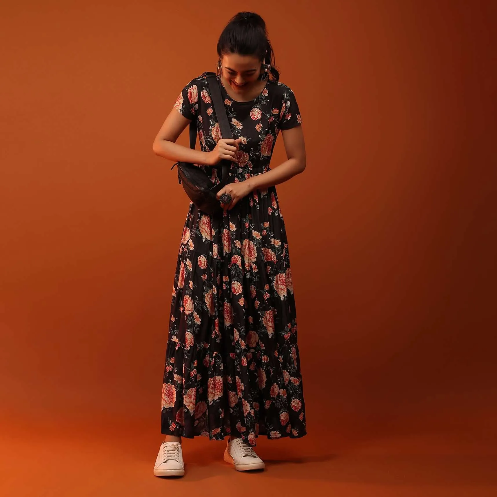 Black Dress With Frills And Floral Prints