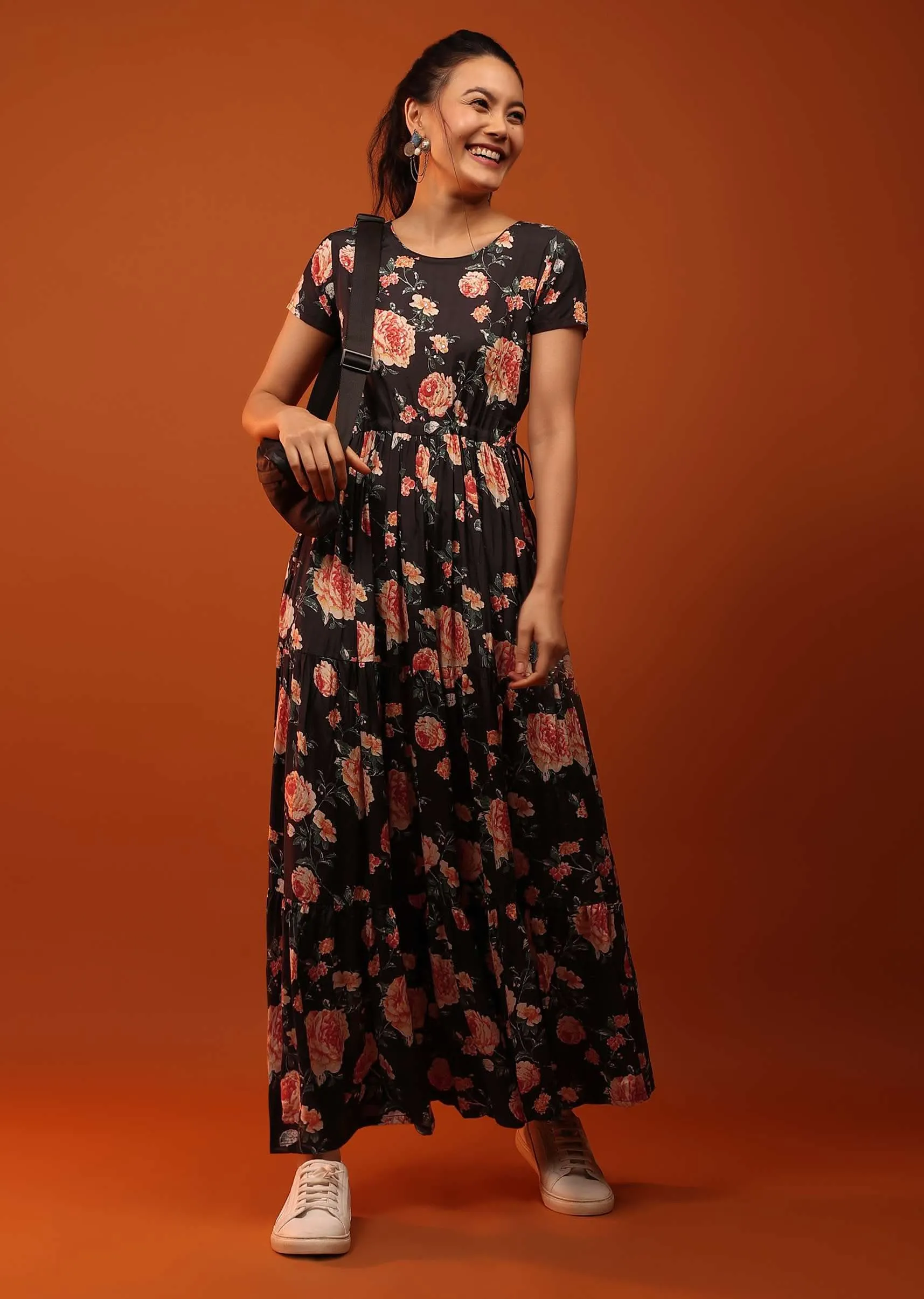 Black Dress With Frills And Floral Prints