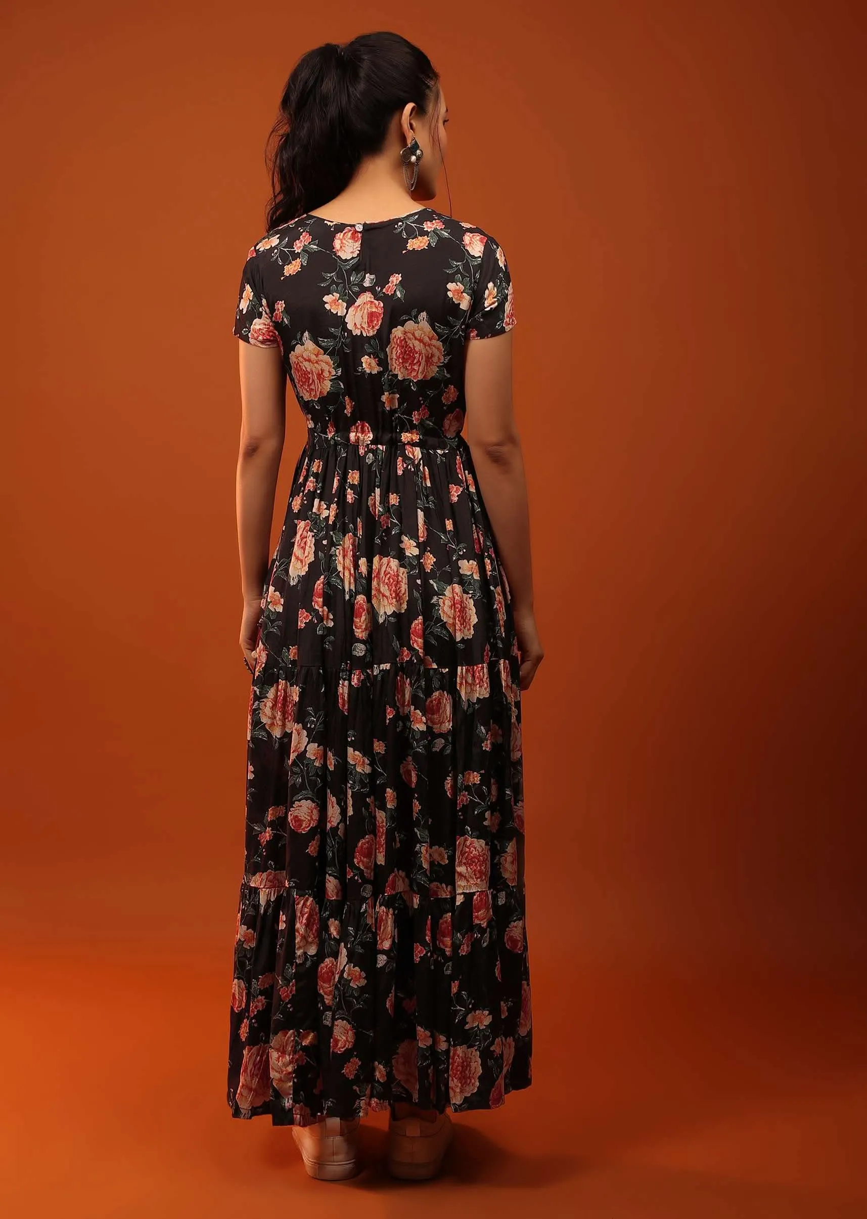 Black Dress With Frills And Floral Prints