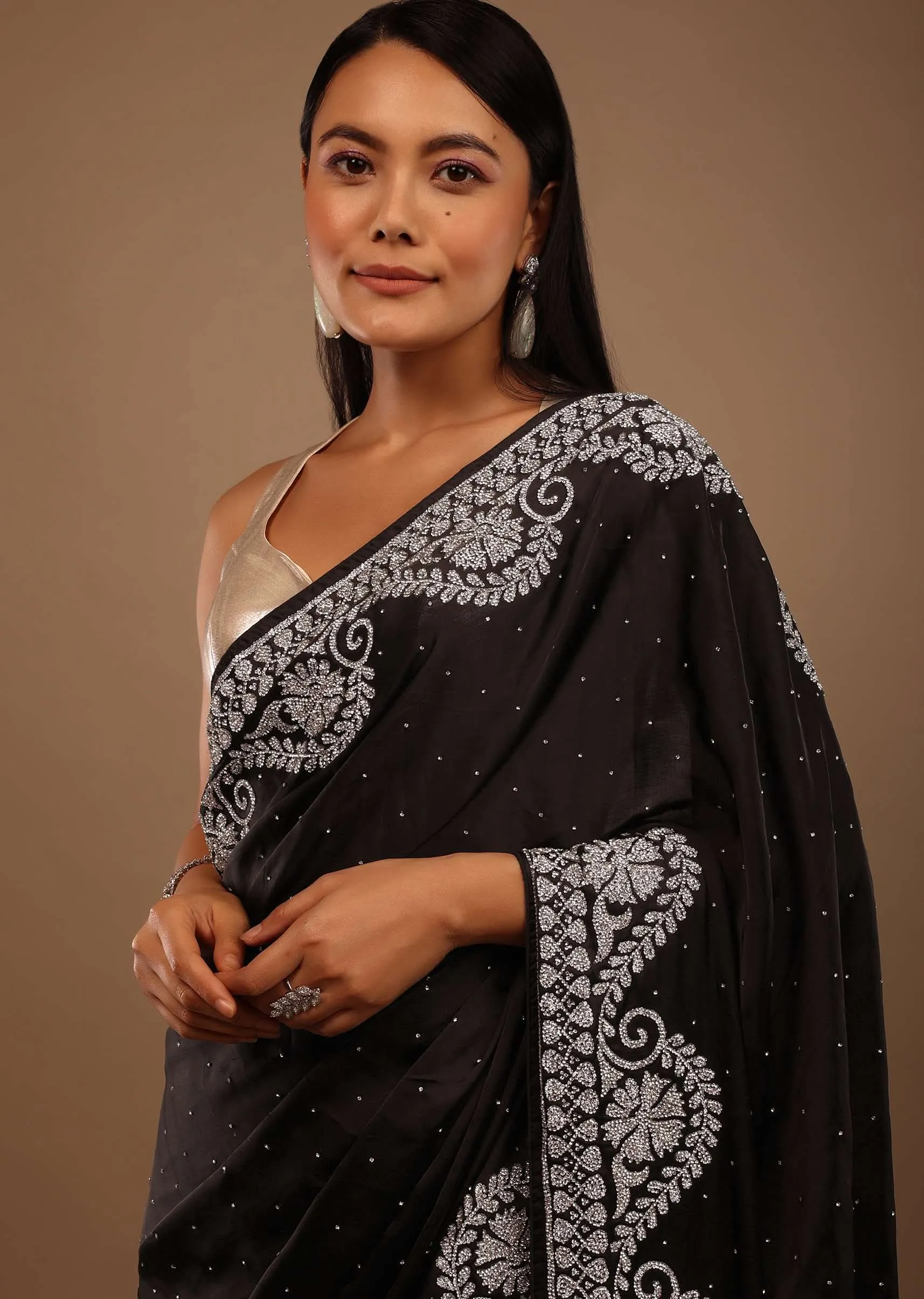 Black Satin Saree Swarovski Stonework