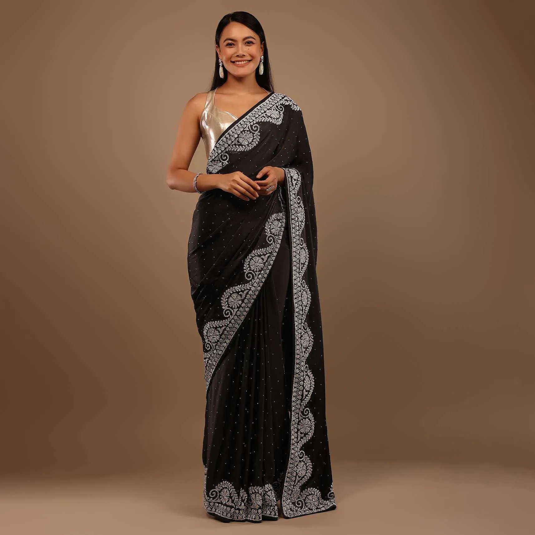 Black Satin Saree Swarovski Stonework