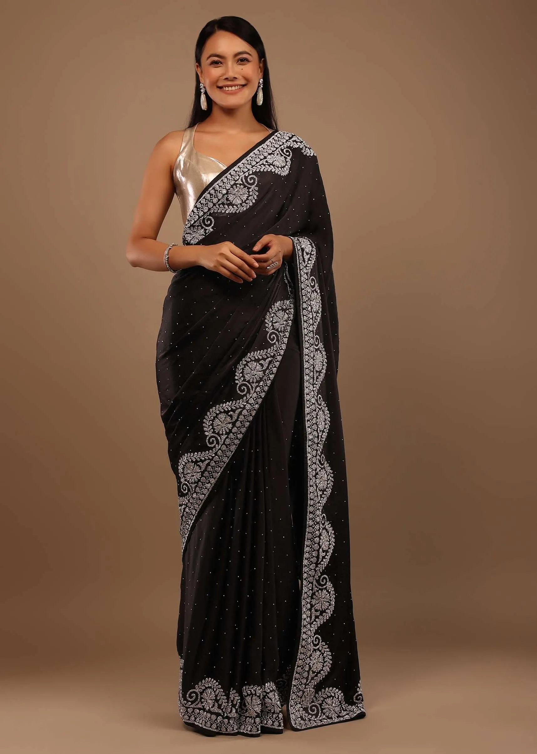 Black Satin Saree Swarovski Stonework