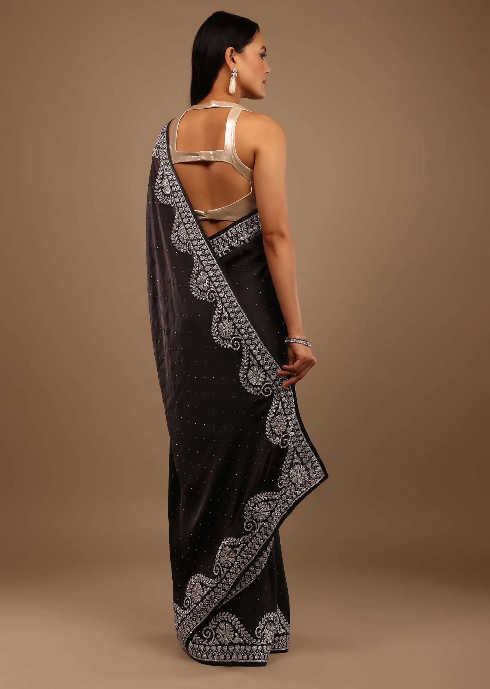 Black Satin Saree Swarovski Stonework