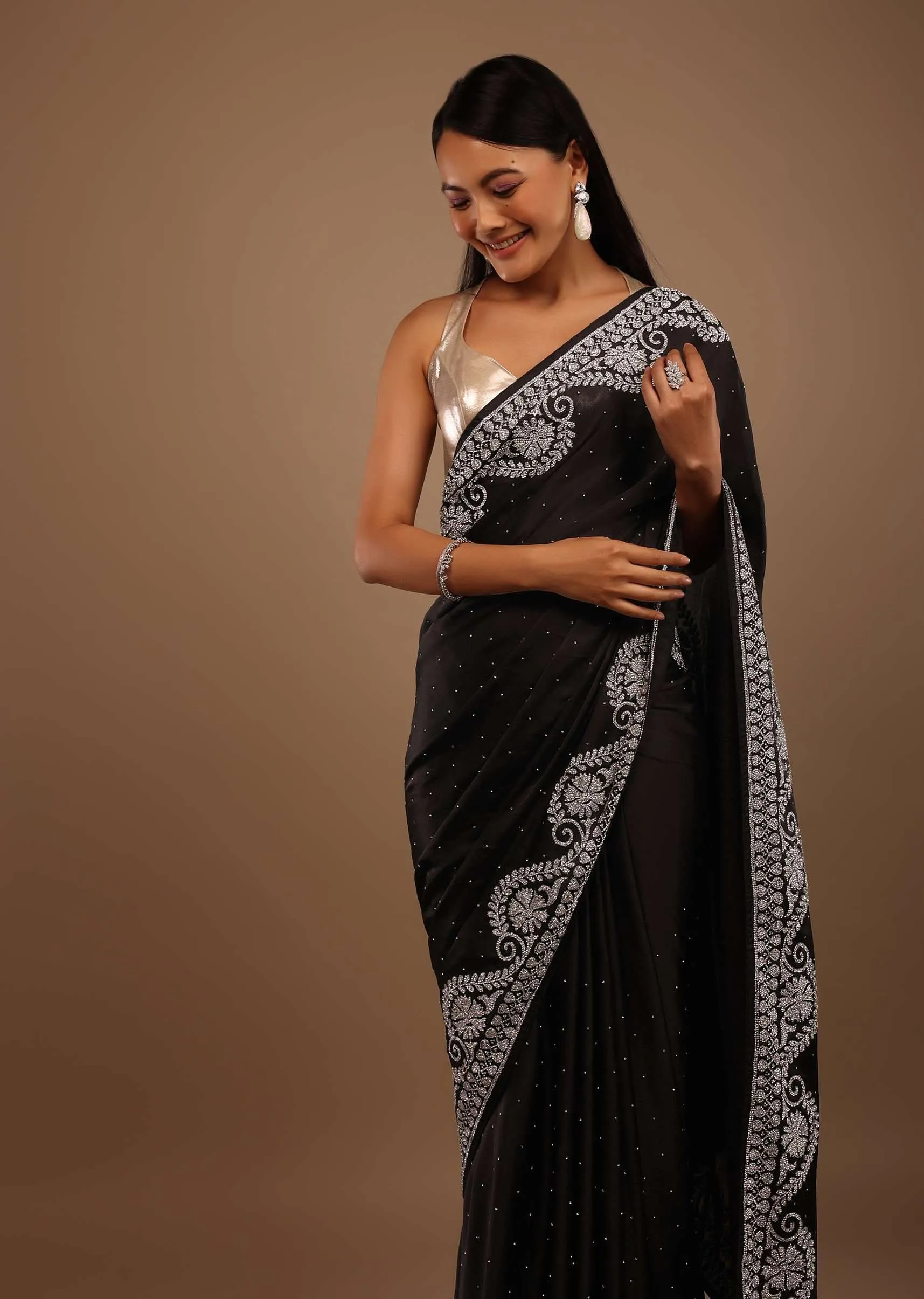 Black Satin Saree Swarovski Stonework
