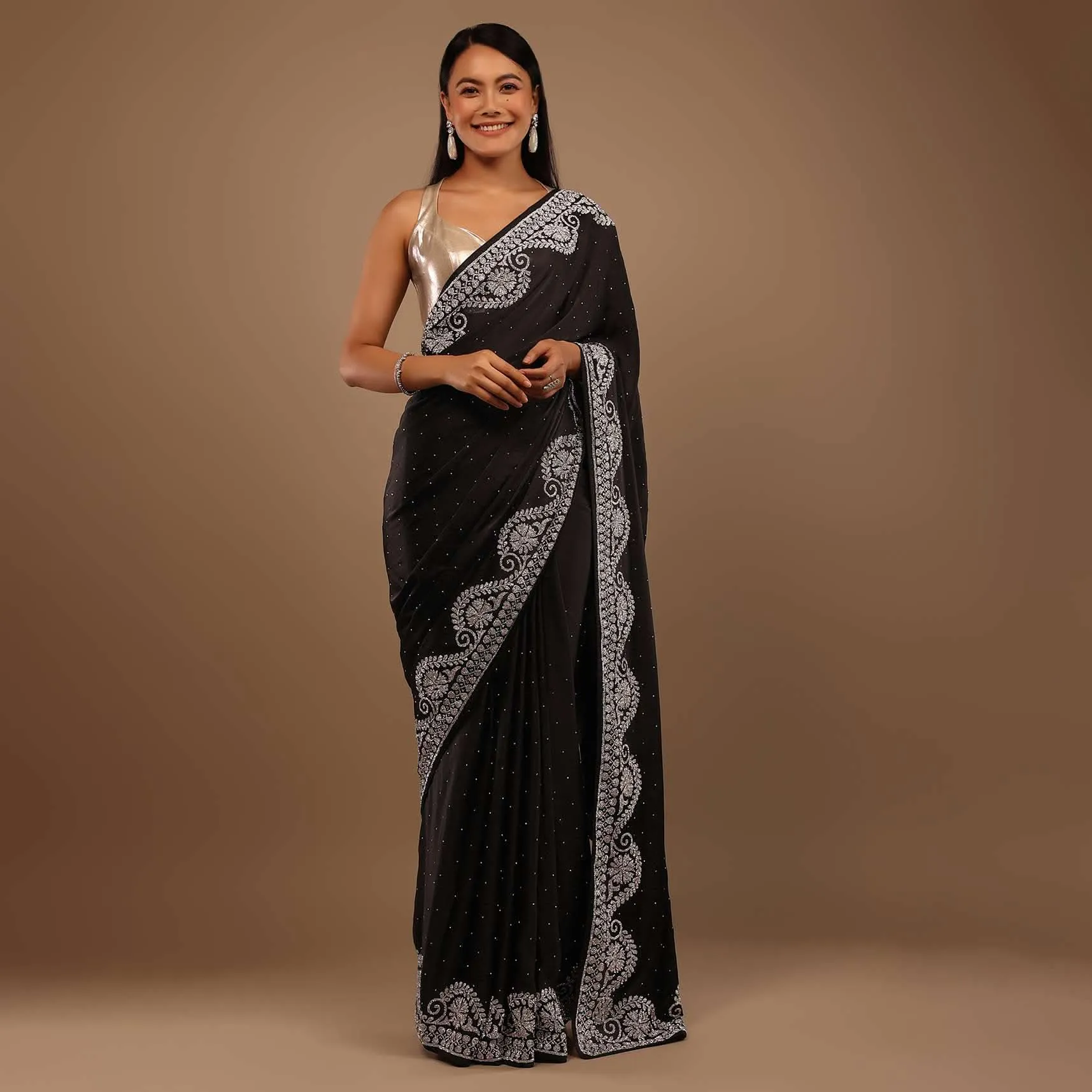 Black Satin Saree Swarovski Stonework