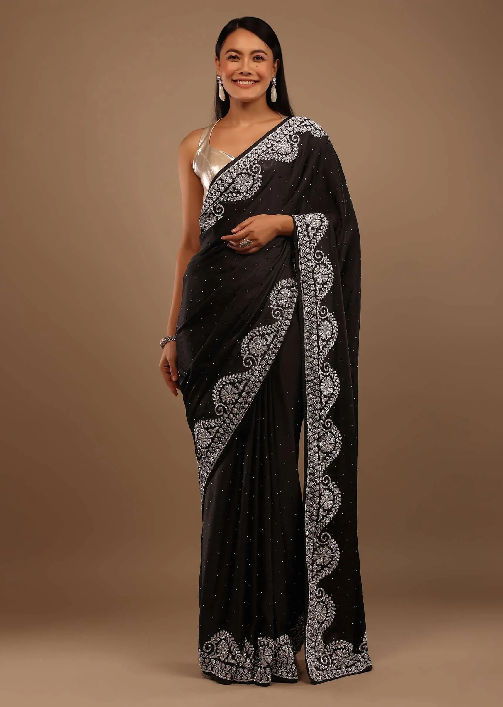 Black Satin Saree Swarovski Stonework