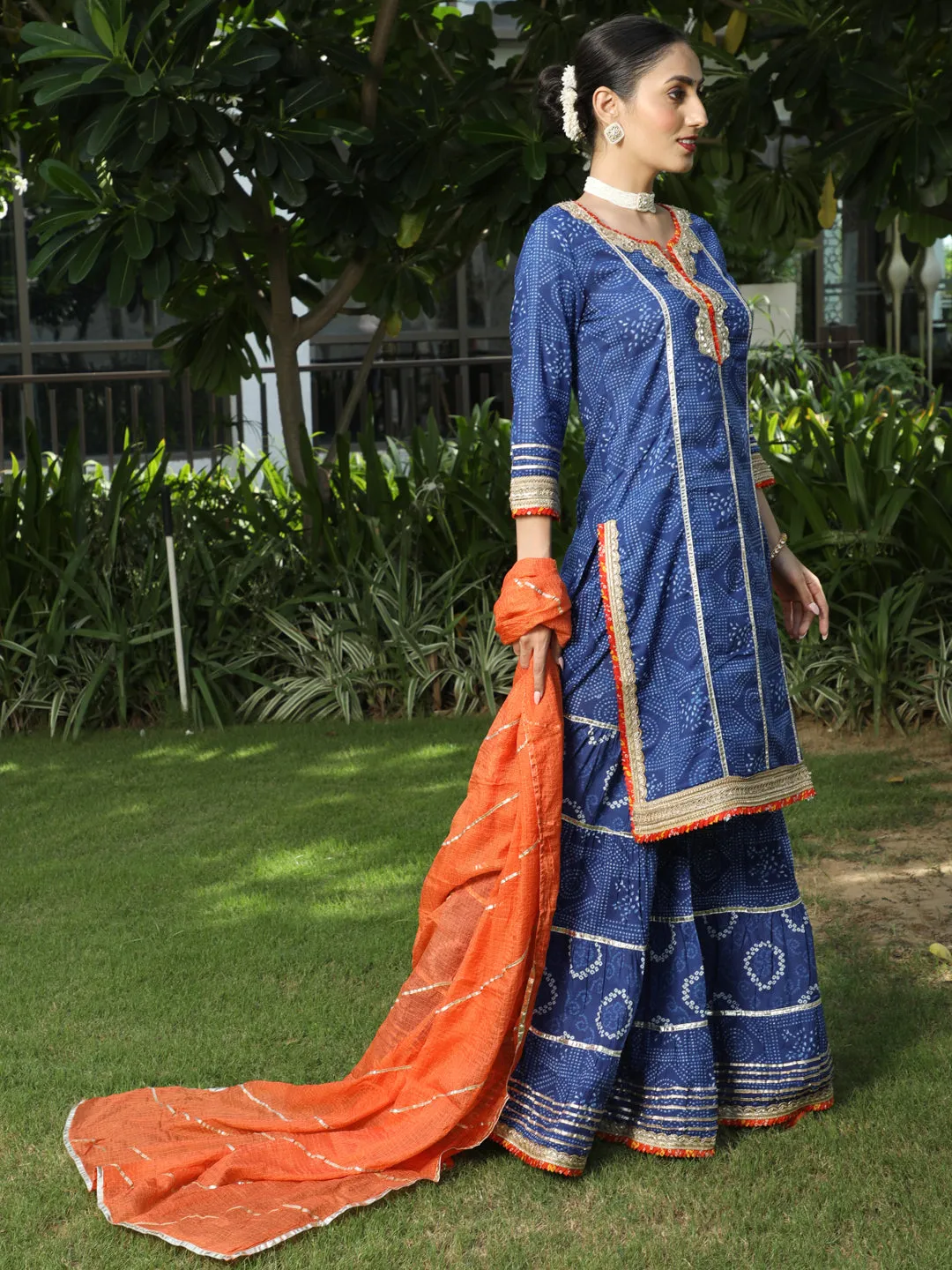 Blue Bandhani Print Kurta Sharara With Dupatta