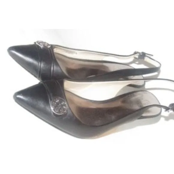 Coach 'Zhane' style, size 6B, black leather, slingback heels with a round chrome Coach logo accent