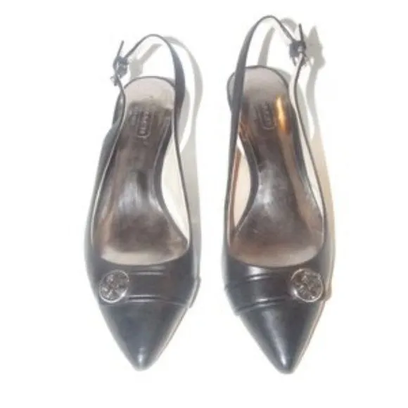 Coach 'Zhane' style, size 6B, black leather, slingback heels with a round chrome Coach logo accent