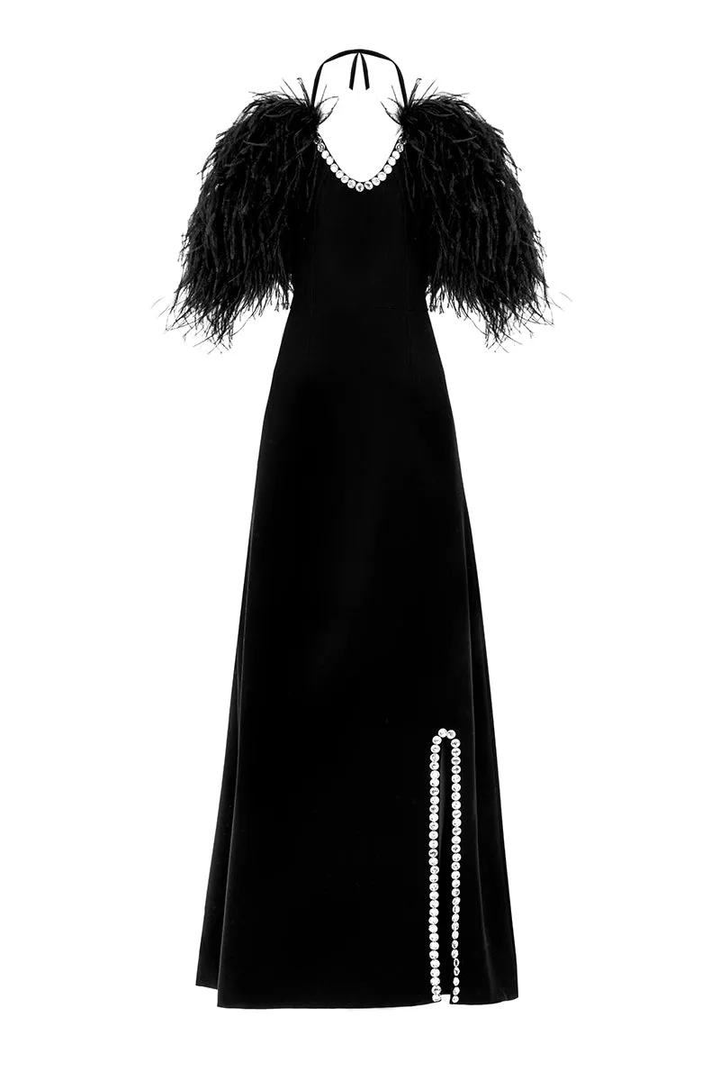 CULT MIA X MONIKA DIMOVA BLACK CREPE EMBROIDERED FEATHER GOWN