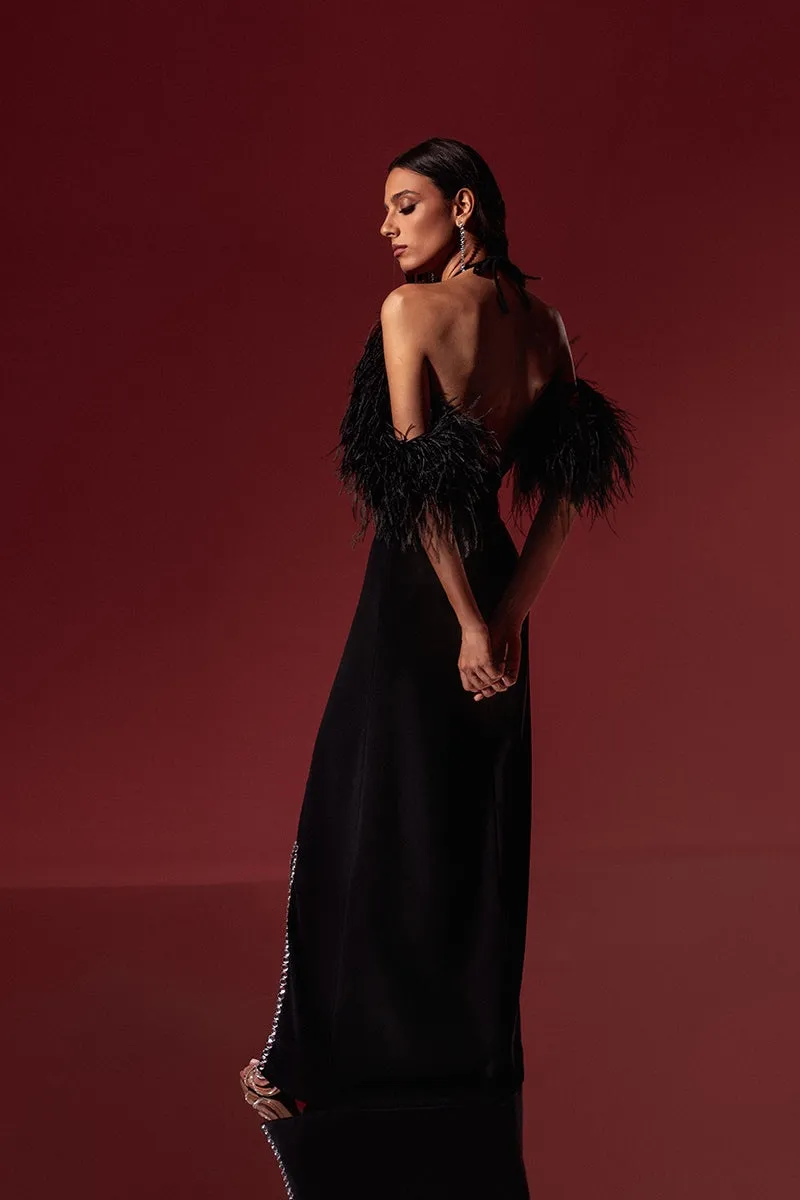 CULT MIA X MONIKA DIMOVA BLACK CREPE EMBROIDERED FEATHER GOWN