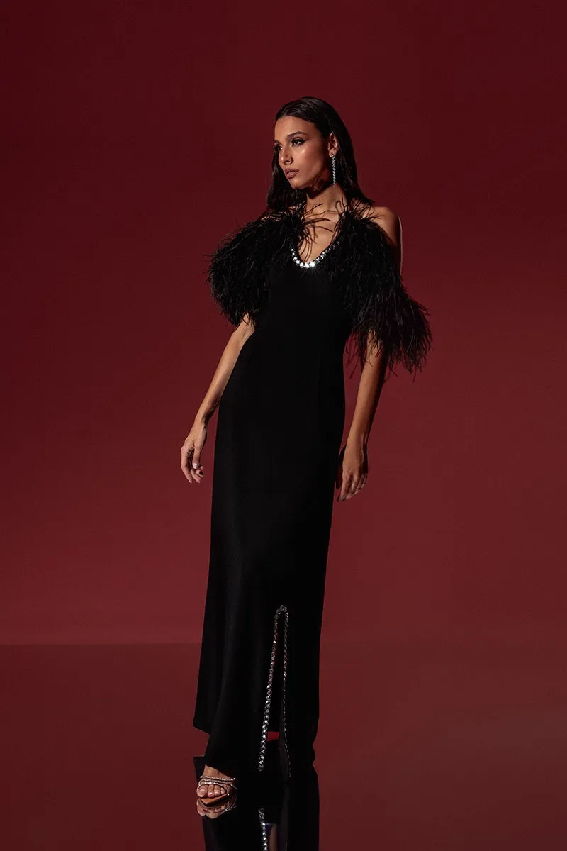CULT MIA X MONIKA DIMOVA BLACK CREPE EMBROIDERED FEATHER GOWN