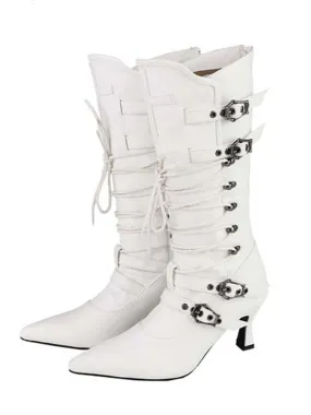 Gothic White Lace-up Detail Pointed Toe Punk Boots