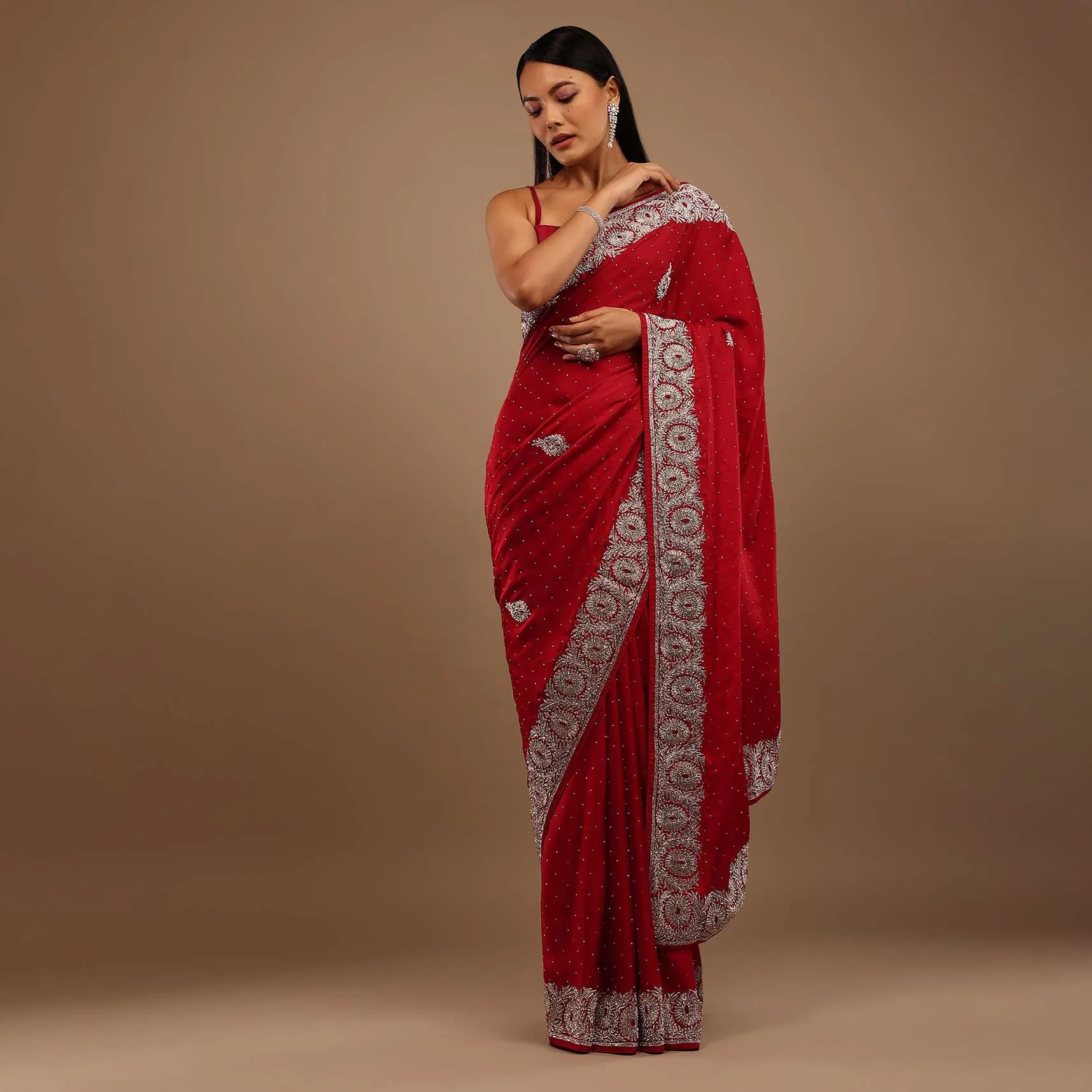 lollipop Red Satin Saree With Stone Work In Floral Pattern