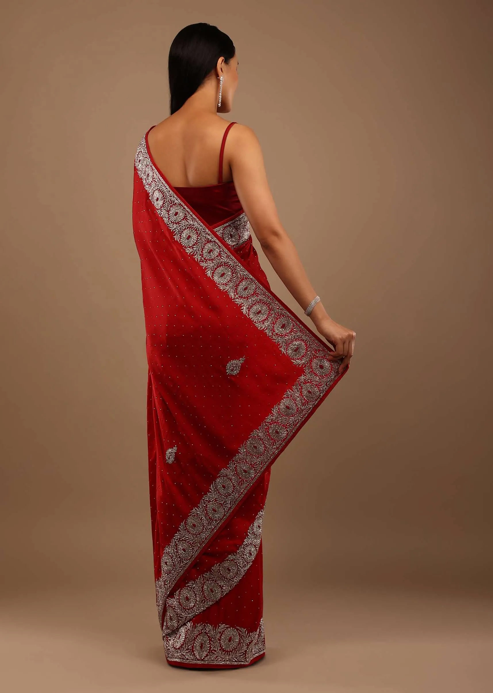 lollipop Red Satin Saree With Stone Work In Floral Pattern