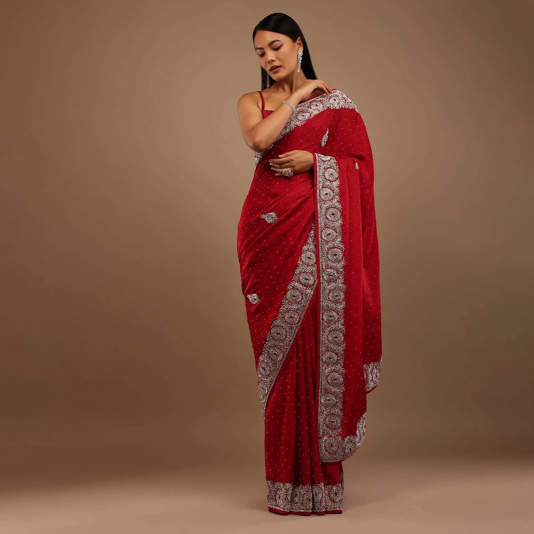lollipop Red Satin Saree With Stone Work In Floral Pattern