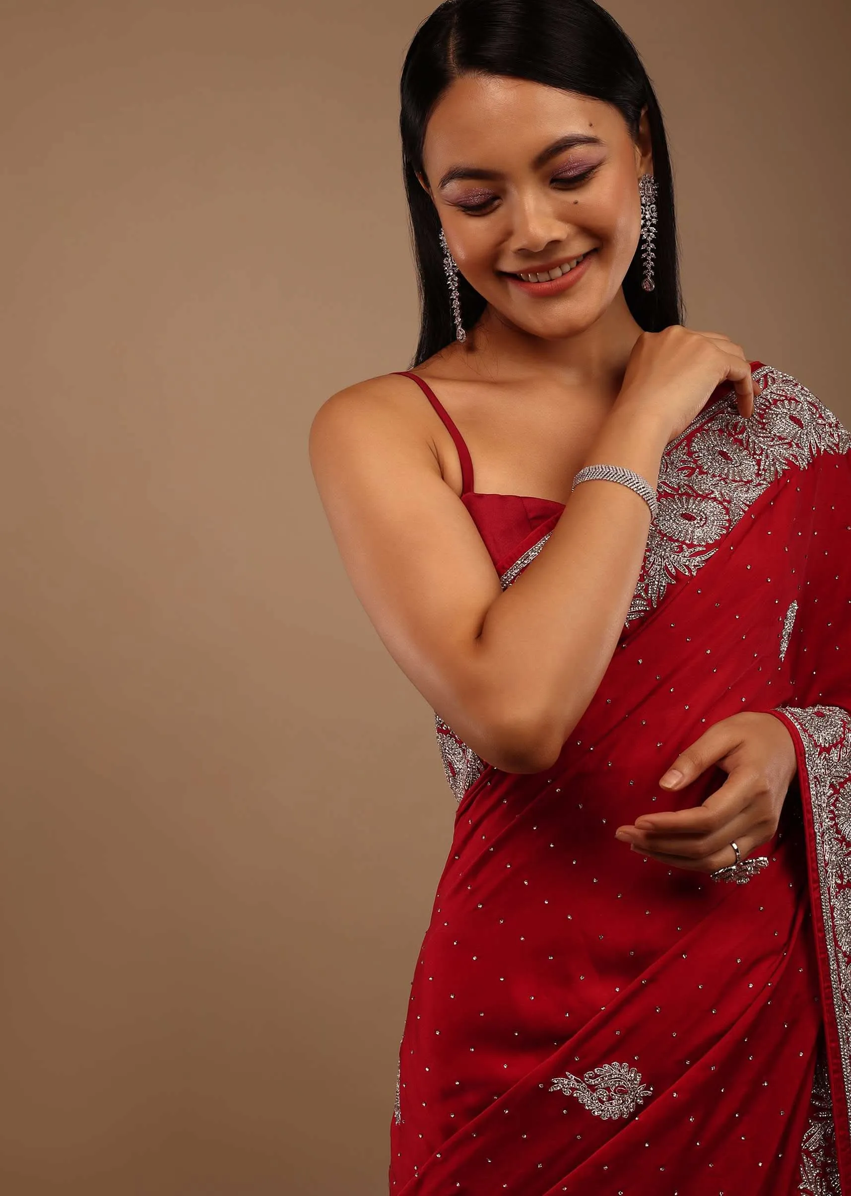 lollipop Red Satin Saree With Stone Work In Floral Pattern