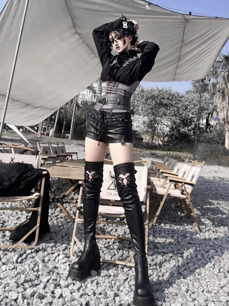 Matte Black Heart-shaped Cutout Detail Gothic Thigh-high Boots