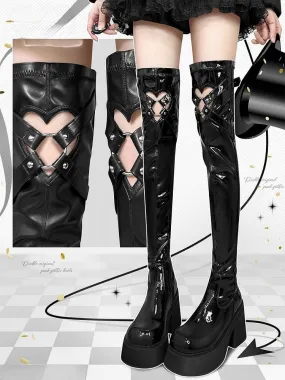 Polished Black Heart-shaped Cutout Detail Gothic Thigh-high Boots
