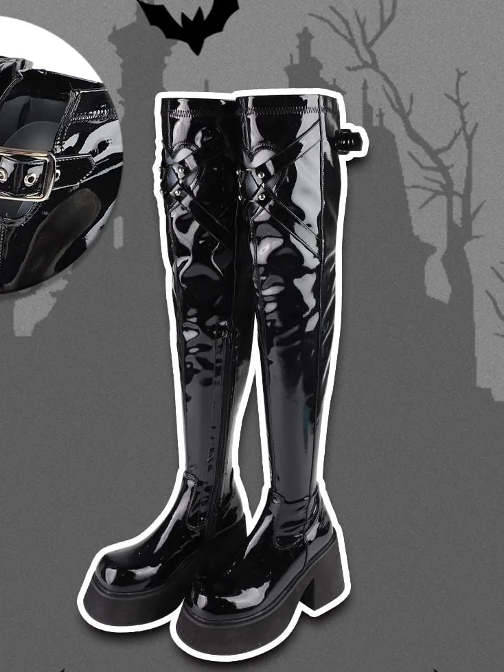Polished Black Heart-shaped Cutout Detail Gothic Thigh-high Boots
