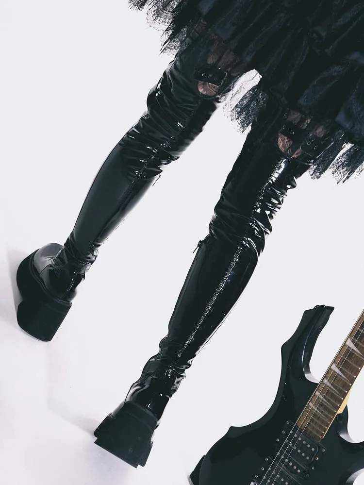 Polished Black Heart-shaped Cutout Detail Gothic Thigh-high Boots