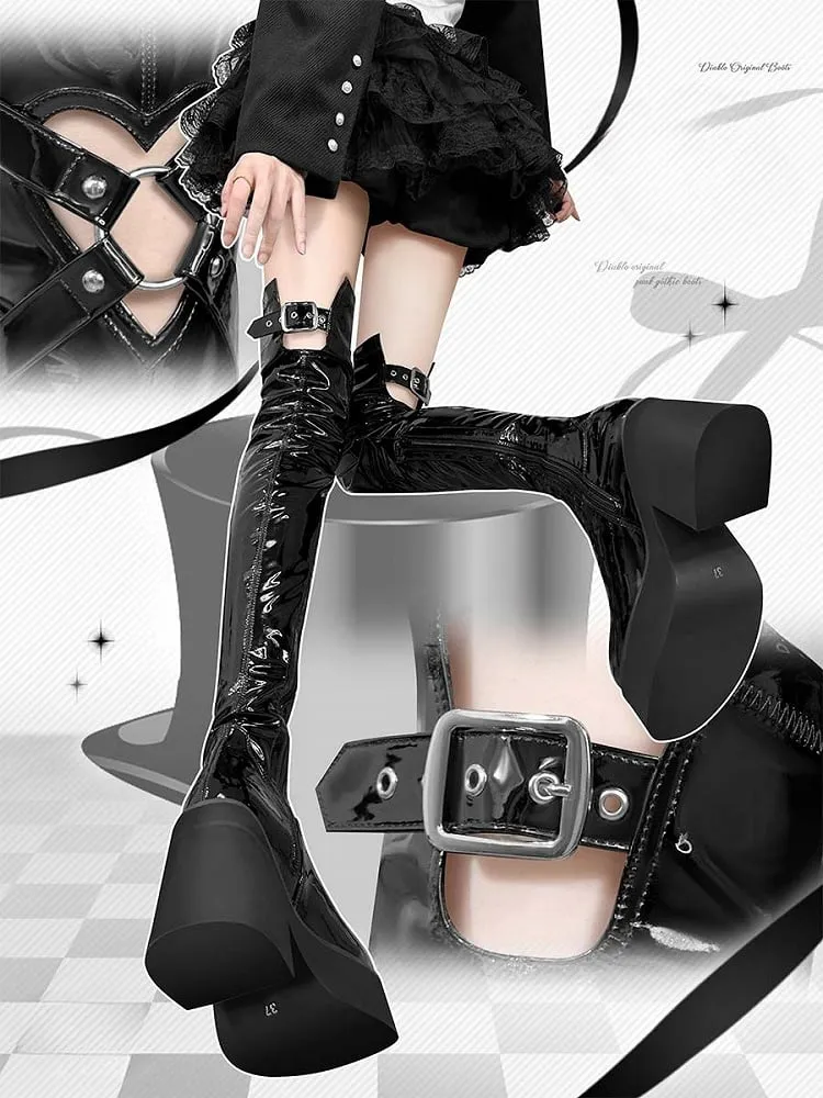 Polished Black Heart-shaped Cutout Detail Gothic Thigh-high Boots