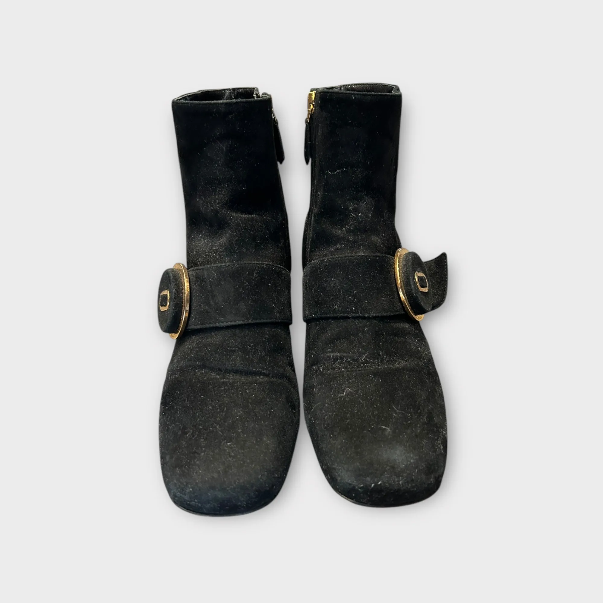 PRADA Suede Block Heel Boots With Gold Accent - Size 36.5
