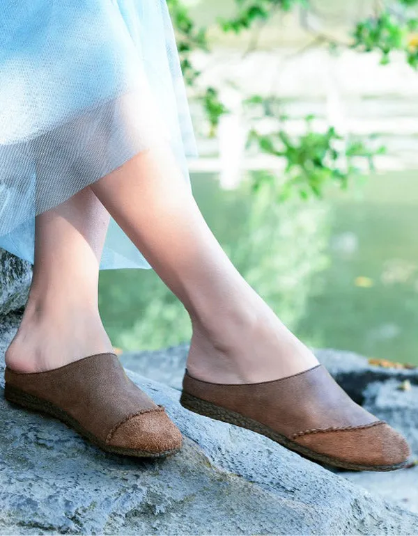 Retro Stitching Layer Handmade Leather Slippers