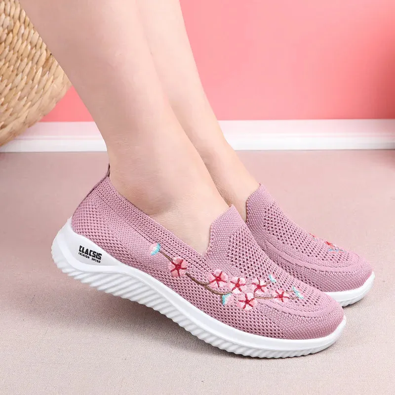 Women Sneakers Mesh Breathable Floral Comfort Shoes Soft Solid Color Fashion Female Footwear